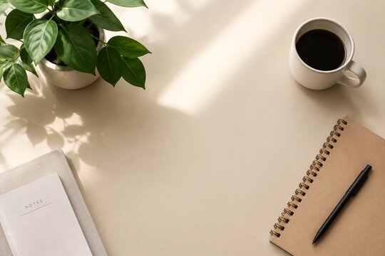 Minimalist office desk setup featuring a ceramic mug and small potted plant from above.