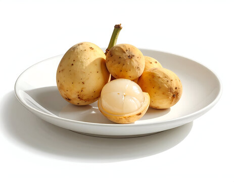 A cluster of fresh langsat duku fruits with one translucent peeled segment on a white ceramic plate