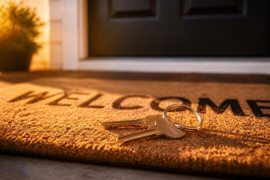 A close-up of house keys resting on a welcome mat with warm golden hour lighting.