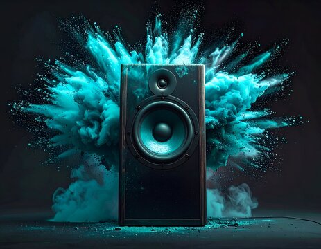 Audio speaker loud voice box exploding with vibrant turquoise blue dust powder splash dynamic music celebration layout element