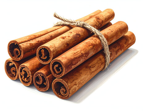 Aromatic organic dry cinnamon sticks tied with jute rope isolated on white background bakery ingredient mockup