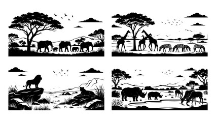 African safari wildlife landscape silhouette illustrations with wildlife © Kapilbiswas
