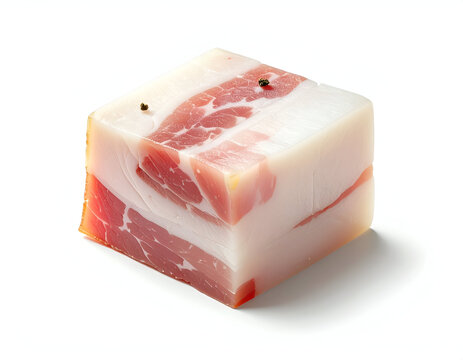A neat rectangular block cube of white pork fat lard with a layer of pink meat on white background