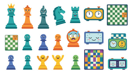 Collection of cute and funny chess pieces and chess clocks with cartoon faces. © jaina