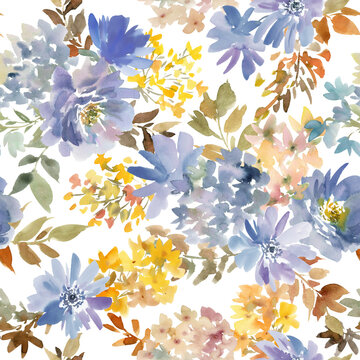 Watercolor Autumn botanical seamless pattern on a transparent background for fabric, home decor and surface design