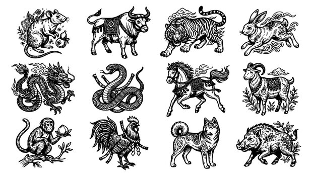 Japanese Zodiac Illustration Vector Set &ndash; Hand Draw Animal Collection