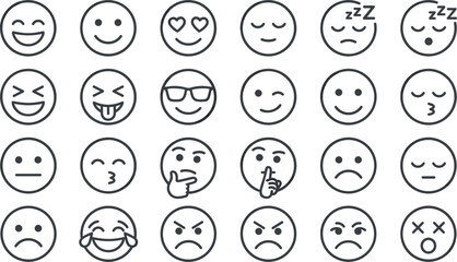 Emoji icon set with various face expressions including happy sad angry thinking winking laughing and crying line art vector symbols © Sumita