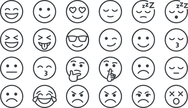 Emoji icon set with various face expressions including happy sad angry thinking winking laughing and crying line art vector symbols