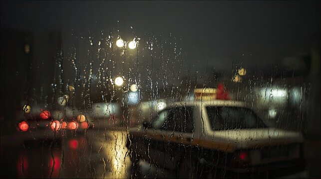 Raindrops on window glass night street view, blurred city taxi and street lamp bokeh spots, hazy urban atmosphere realistic humanistic commercial visual asset