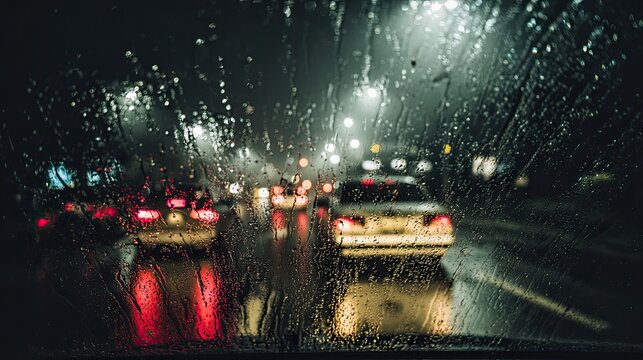Raindrops on window glass night street view, blurred city taxi and street lamp bokeh spots, hazy urban atmosphere realistic humanistic commercial visual asset