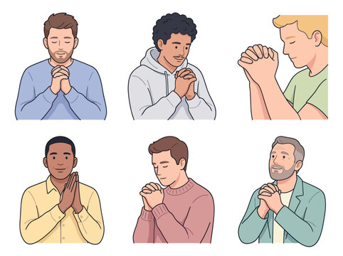 Diverse men praying in a flat illustration style