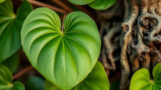 Close-up of a kava plant's heart-shaped leaves and textured root.