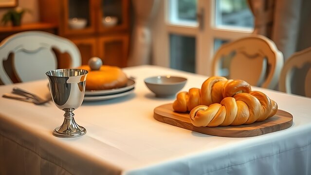 A Shabbat table set with a white linen cloth, silver cup, and braided challah bread, warm ambient light.