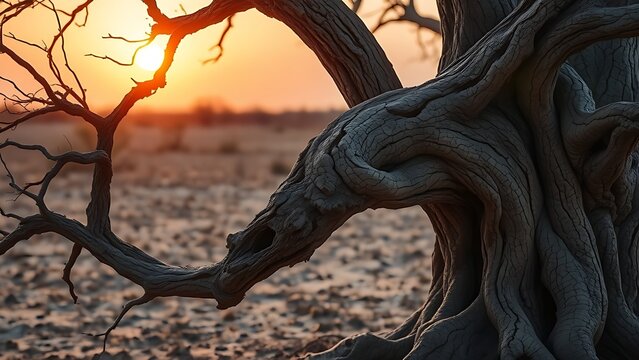 An old gnarled tree with cracked bark bending over parched earth.