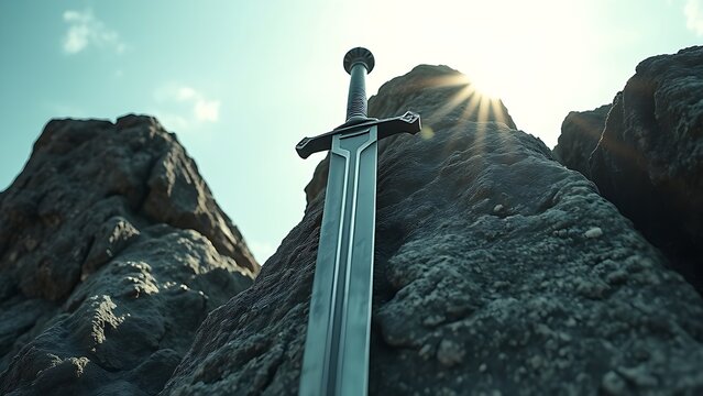 A weathered longsword plunged into a craggy rock, sunlight glinting.