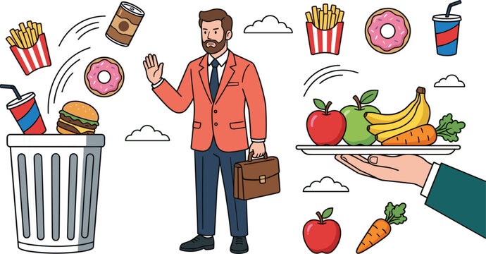 Healthy diet and weight loss concept vector illustration with man throwing junk food into trash bin.