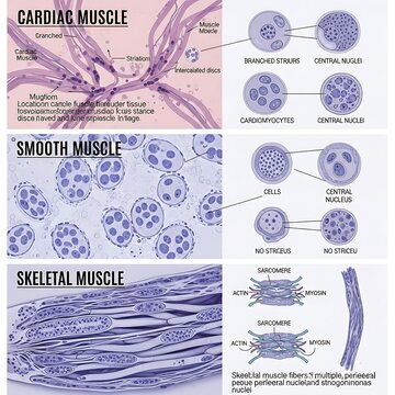 Microscopic view of human muscle tissue types.