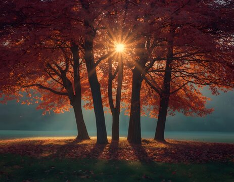 A serene autumn scene featuring trees with vibrant red leaves illuminated by sunlight filtering through their branches in a foggy landscape.