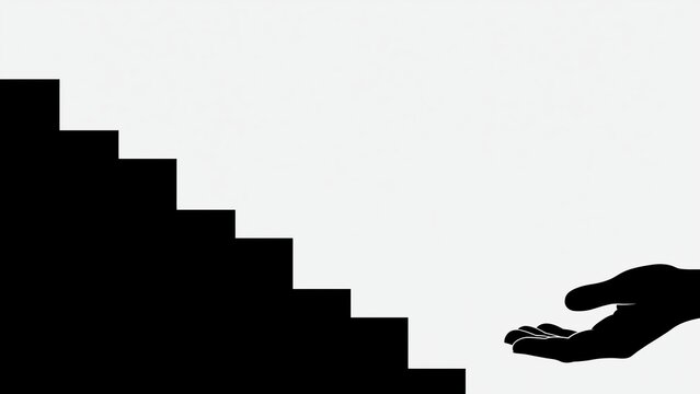 Black silhouette hand reaching toward descending stairs.