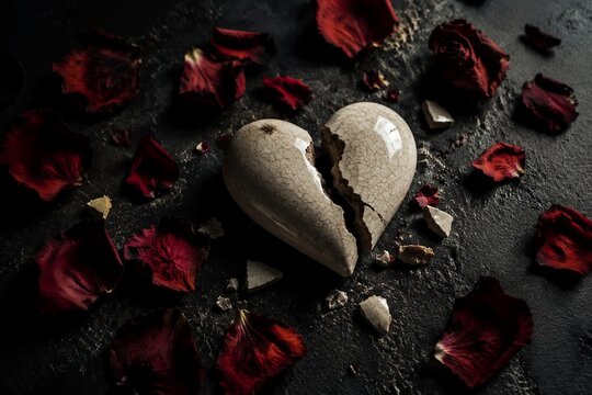 A broken ceramic heart and scattered rose petals on a dark surface with dramatic shadows.