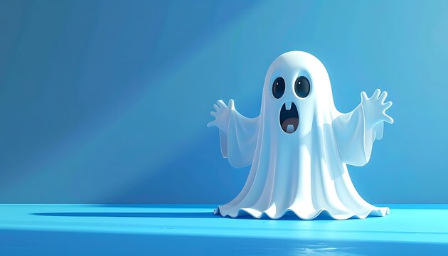 Cartoonish pixelated ghost with a wide open mouth, floating on a blue surface with shadow, Halloween, spooky, cute, 3d render