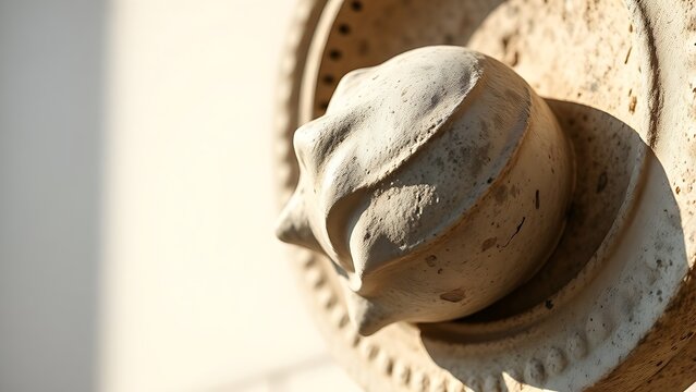 Close-up of a weathered classical Greek sculpture of a conch shell.