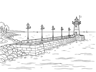 Fototapeta premium Coloring page of a coastal pier with a lighthouse and lamp posts