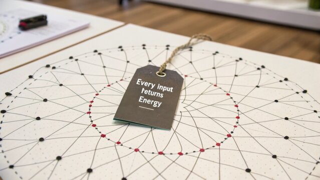 Conceptual representation of inputs and outputs showing connections between energy, systems, and interactions in a modern workspace
