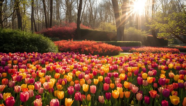 Vibrant tulip garden in full bloom with colorful flowers and lush greenery under warm sunlight filtering through trees in a serene natural setting.