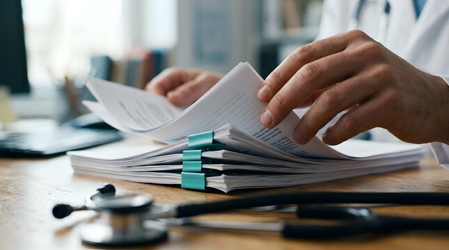 Doctor Examining Medical Patient Health Records and Clinical Documentation at Hospital Desk