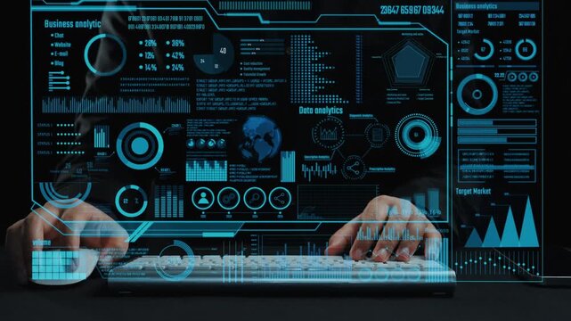 Explore a futuristic data analytics interface showcasing dynamic visualizations, charts, and graphs designed to enhance business insights for informed decision-making. Cipher