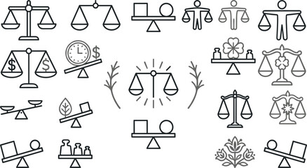 Fototapeta premium Justice scale and business balance icon set with law equity and stability thin line vector illustrations.