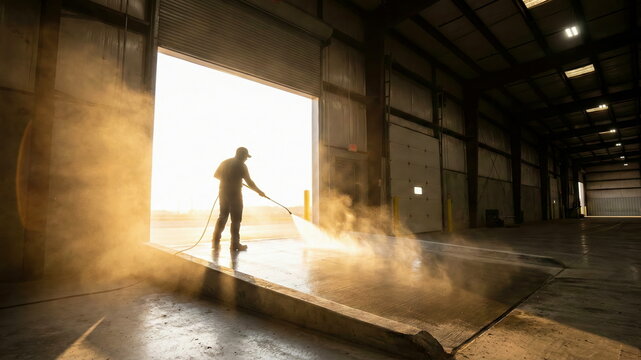 Warehouse worker pressure washing floor at bay door with bright backlight and dust, industrial maintenance and facility upkeep.