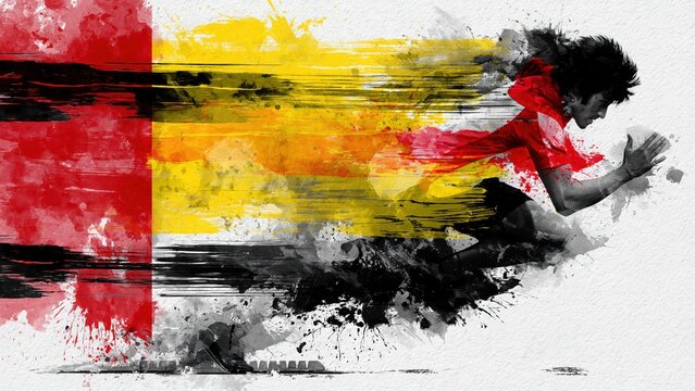Sprinter running covered in red yellow paint.