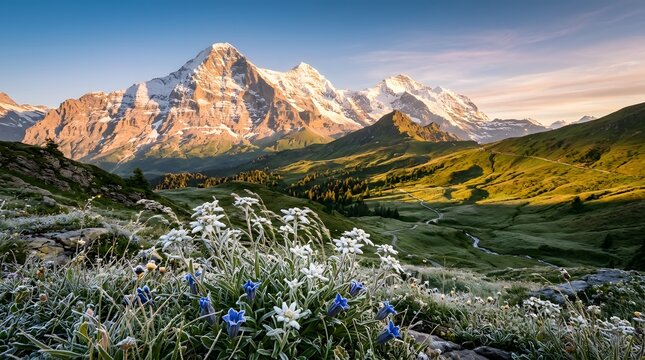 Majestic eiger mountain in the swiss alps at sunrise with alpine wildflowers in foreground