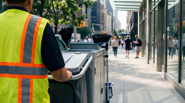 Sanitation worker pushing service cart on bustling urban street, maintaining public area cleanliness.