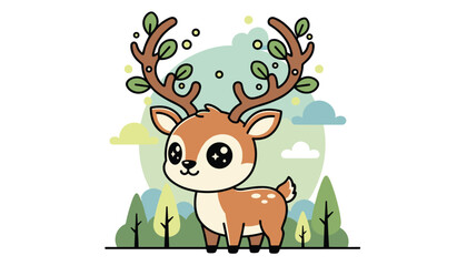 Fototapeta premium Cute cartoon baby deer with big sparkling eyes and leafy antlers standing in a fantasy forest background.