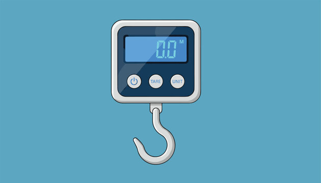 Electronic digital hanging hand scale with a hook for weighing luggage, travel bags, or fish on a blue background.