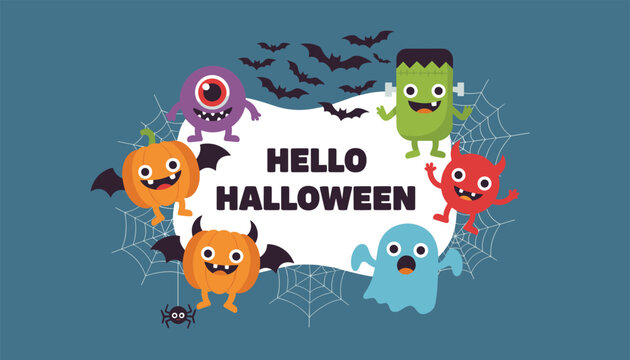 Cute spooky Halloween greeting card banner featuring cartoon monsters, pumpkins, ghosts, Frankenstein, and bats.