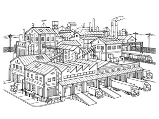 Obraz premium Industrial Factory Complex and Logistics Warehouse Line Art Illustration