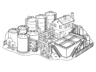 Obraz premium Isometric Water Treatment Plant Line Art Illustration Coloring Page