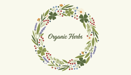 Fototapeta premium Colorful organic herbs botanical floral circular wreath featuring clovers, wildflowers, and lavender.