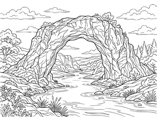 Obraz premium Natural Rock Arch Bridge Over Scenic River Landscape Coloring Page