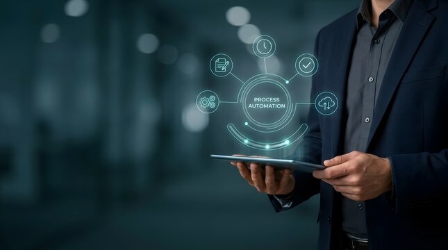 Circular process automation dashboard floating above digital tablet. Smart business technology concept showing synchronized enterprise workflow and cloud computing infrastructure.