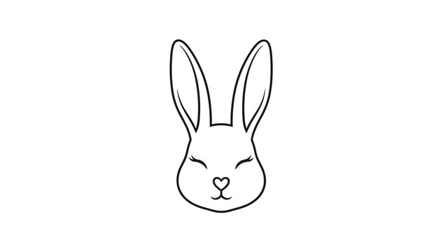 Minimalist black and white line art illustration of a cute rabbit head featuring closed eyes and a heart-shaped nose.