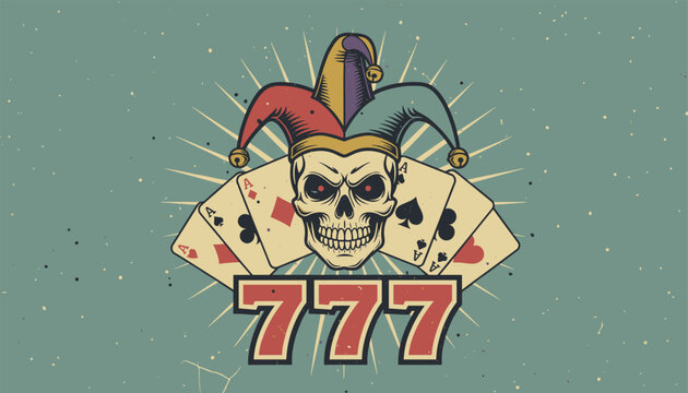 Vintage casino logo featuring a skull in a colorful jester hat, playing cards, and the lucky number triple seven.