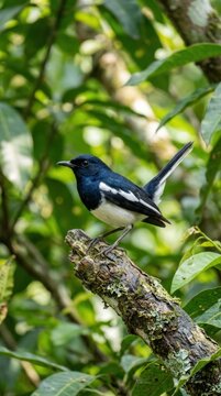 oriental magpie robin bird perched on branch in natural habitat