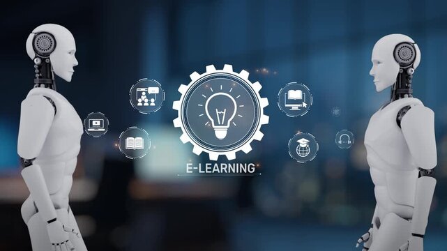 Two human-like robots engage in a digital setting, emphasizing e-learning themes through technology, showcasing creativity and advancement in education. Synapse