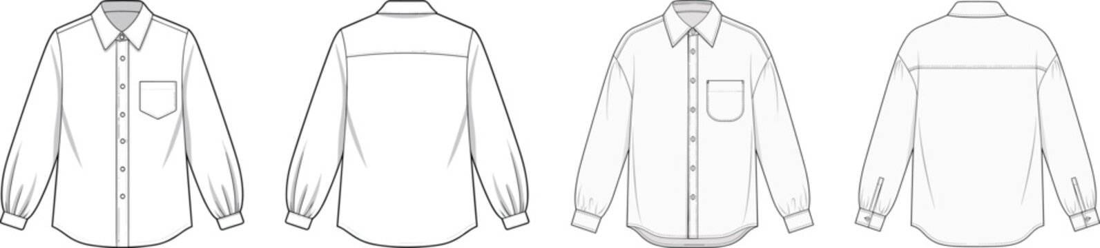 Classic unisex long sleeve shirt featuring button down closure and front patch pocket for apparel manufacturing vector flat technical sketch drawing