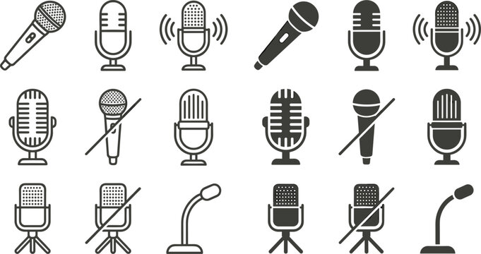 Microphone icon set containing podcast equipment studio mic mute button and audio streaming symbols in line and solid glyph style